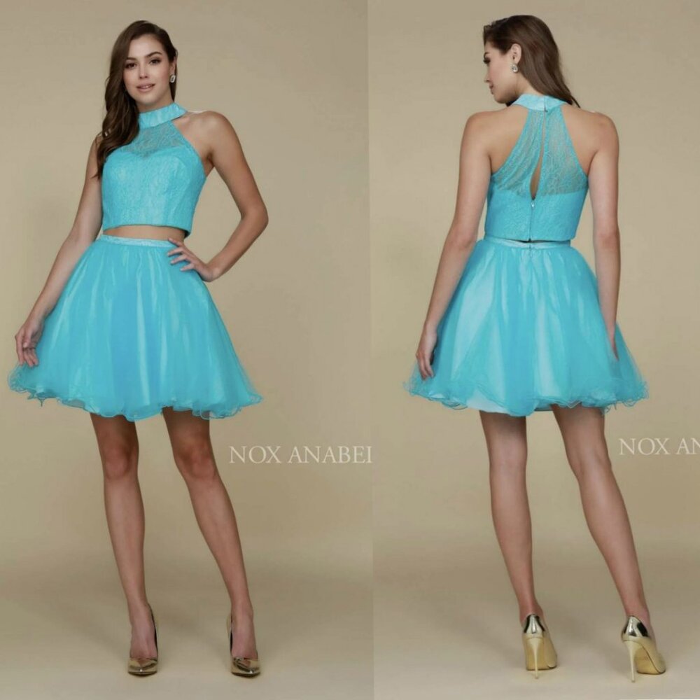 NWT Nox Anabel 6354 Party Cocktail High Halter Two-Piece Skater Dress L,XL, Aqua